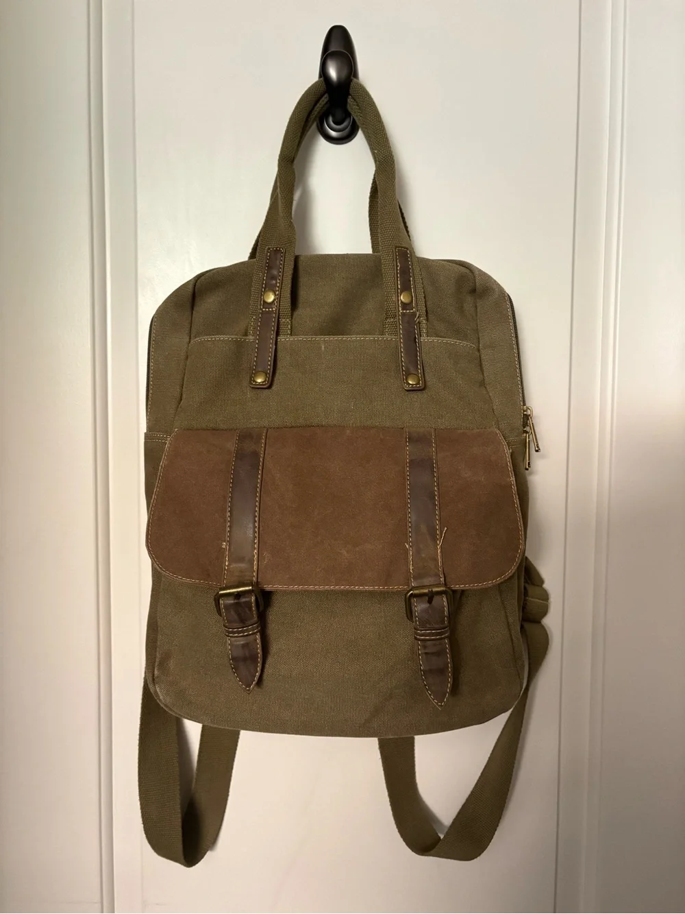 Cargoit Olive Canvas Cargo Backpack with Brown Leather